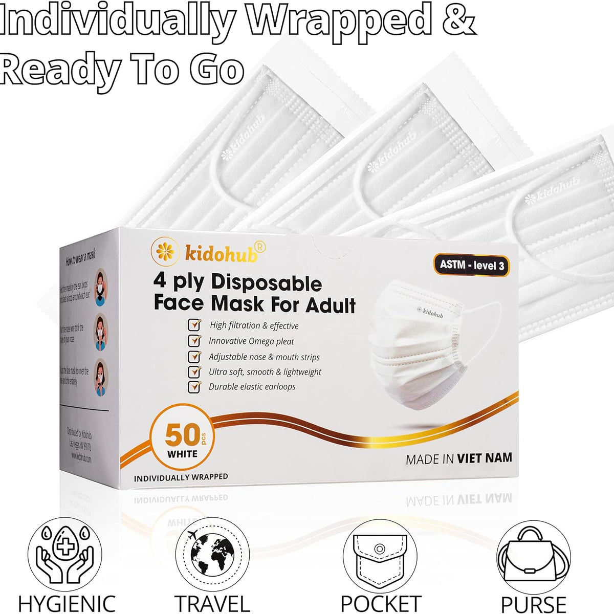 FDA Registered ASTM Level 3, Adult 4 Ply Individually Wrapped Disposable Medical Face Mask