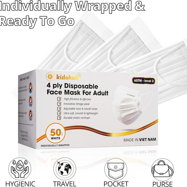 FDA Registered ASTM Level 3, Adult 4 Ply Individually Wrapped Disposable Medical Face Mask